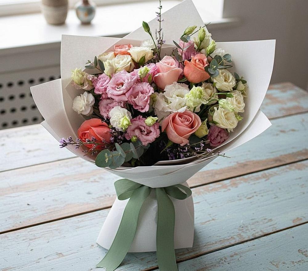 Букет цветов из: Розы, Лизиантусы и Гвоздики в Александровске