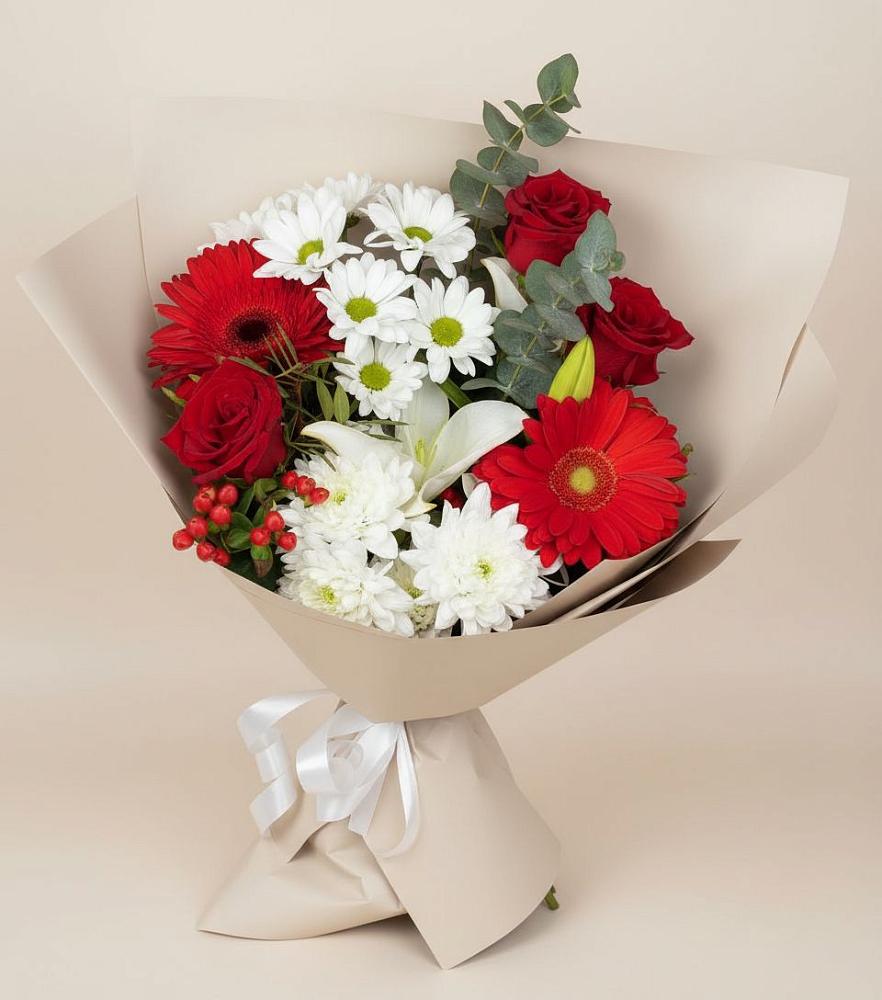 Букет цветов из: Розы, Хризантемы, Герберы и Лилии в Александровске